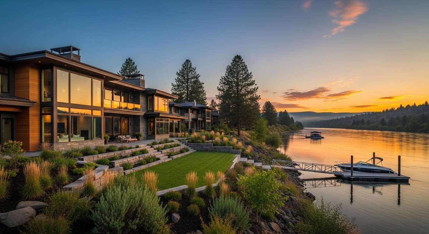 Beautiful woodland home exterior along the Spokane River
