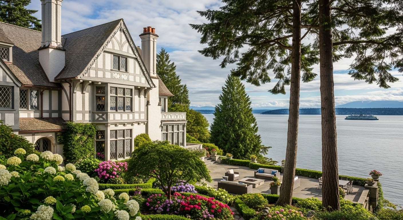 Luxury home exterior overlooking Puget Sound in Magnolia Seattle