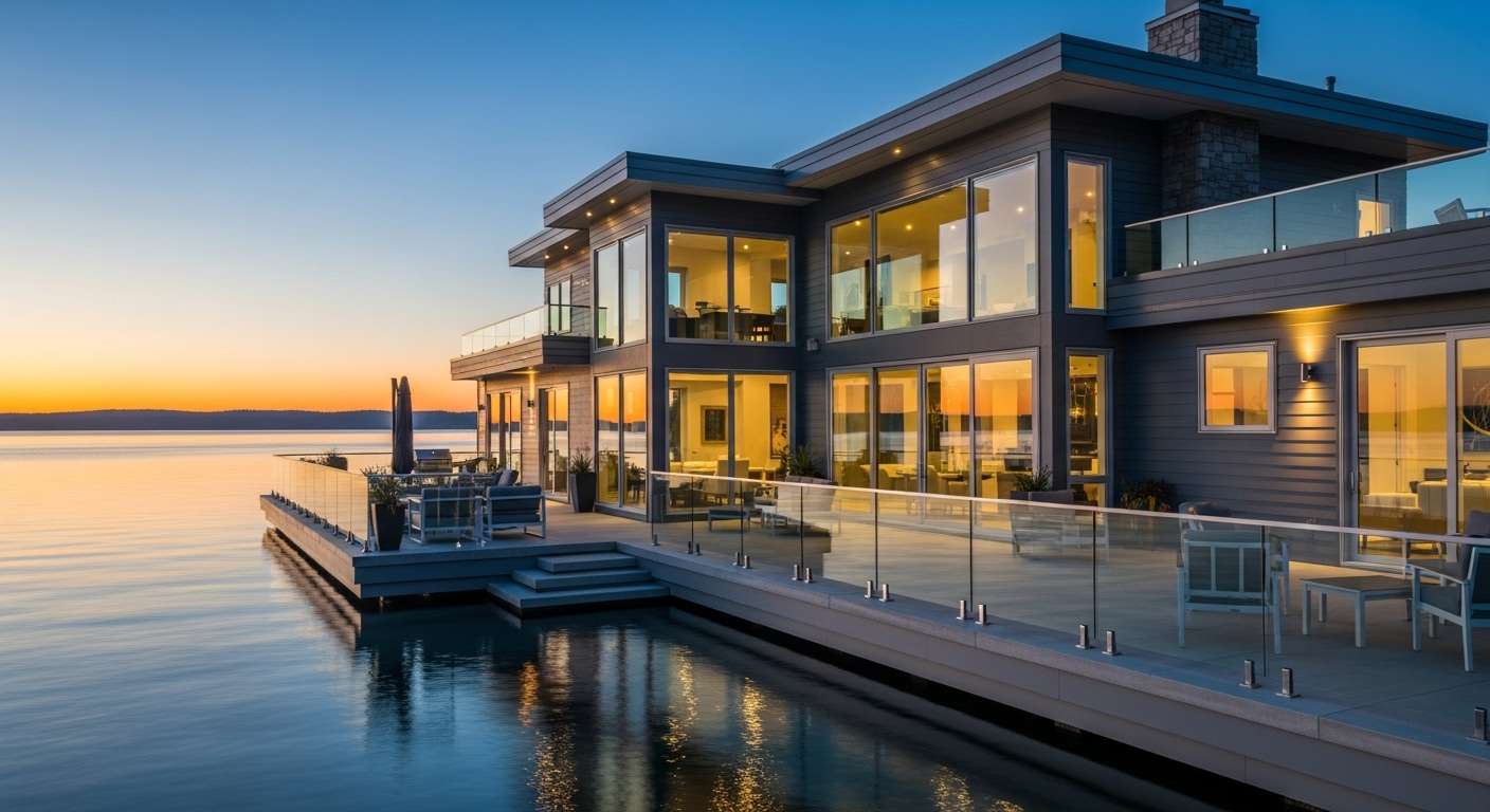Luxury waterfront home exterior overlooking Lake Washington in Seward Park