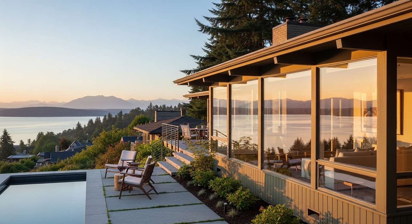 Luxury view home exterior overlooking Lake Washington